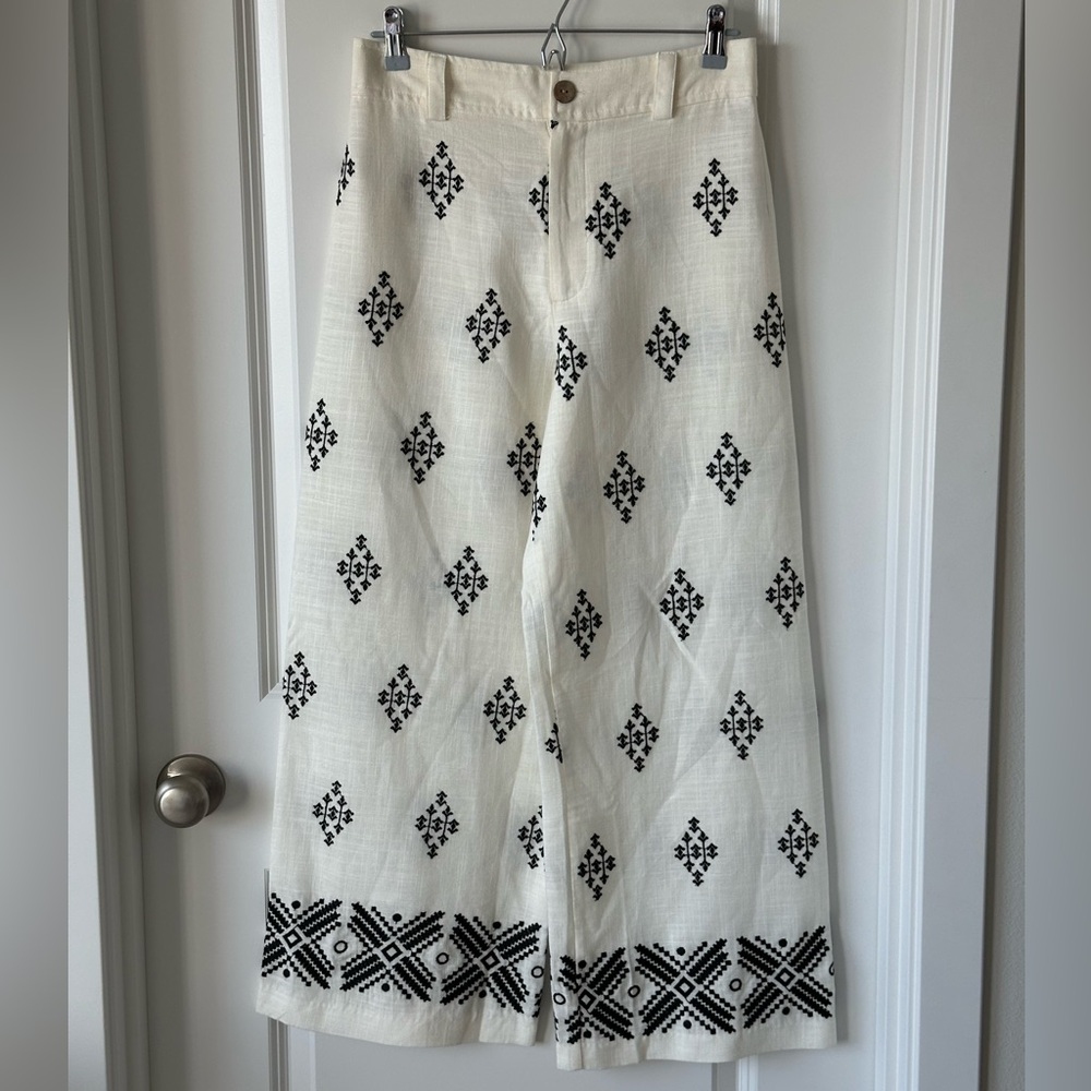 Haute Hippie Boho Embroidered Rayon/Linen Wide Leg Crop Pants - 6(S)